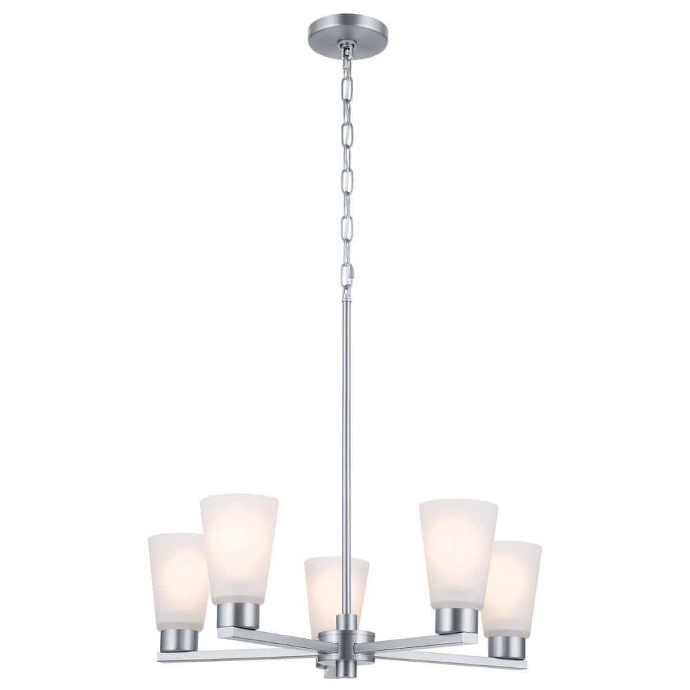 KICHLER Stamos 24 in. 5-Light Brushed Nickel Modern Shaded Circle Dining Room Chandelier with Satin Etched Glass Shades