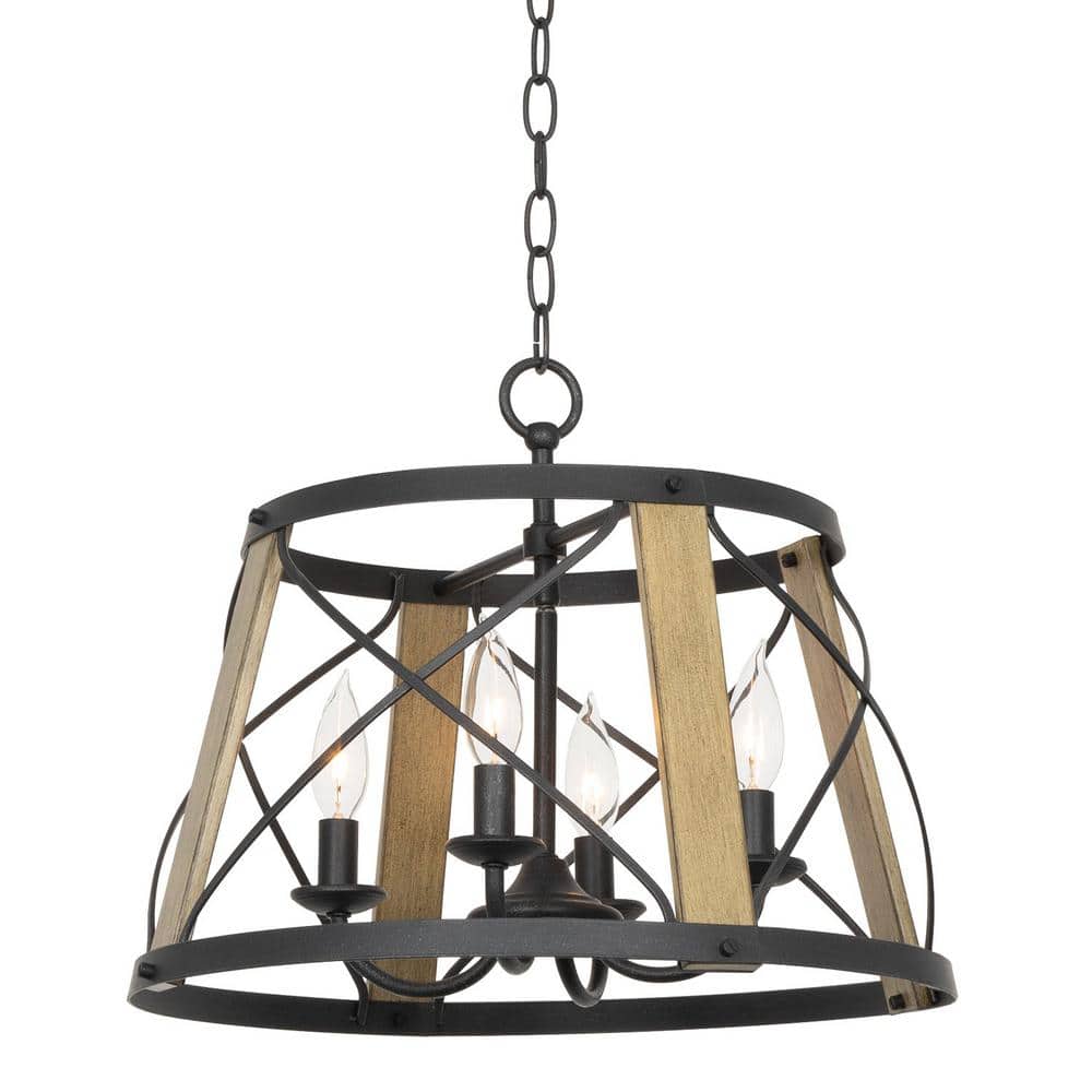 Kira Home Napa 18 in. 4-Light Textured Black with Smoked Birch Wood Style Industrial Farmhouse Round Chandelier