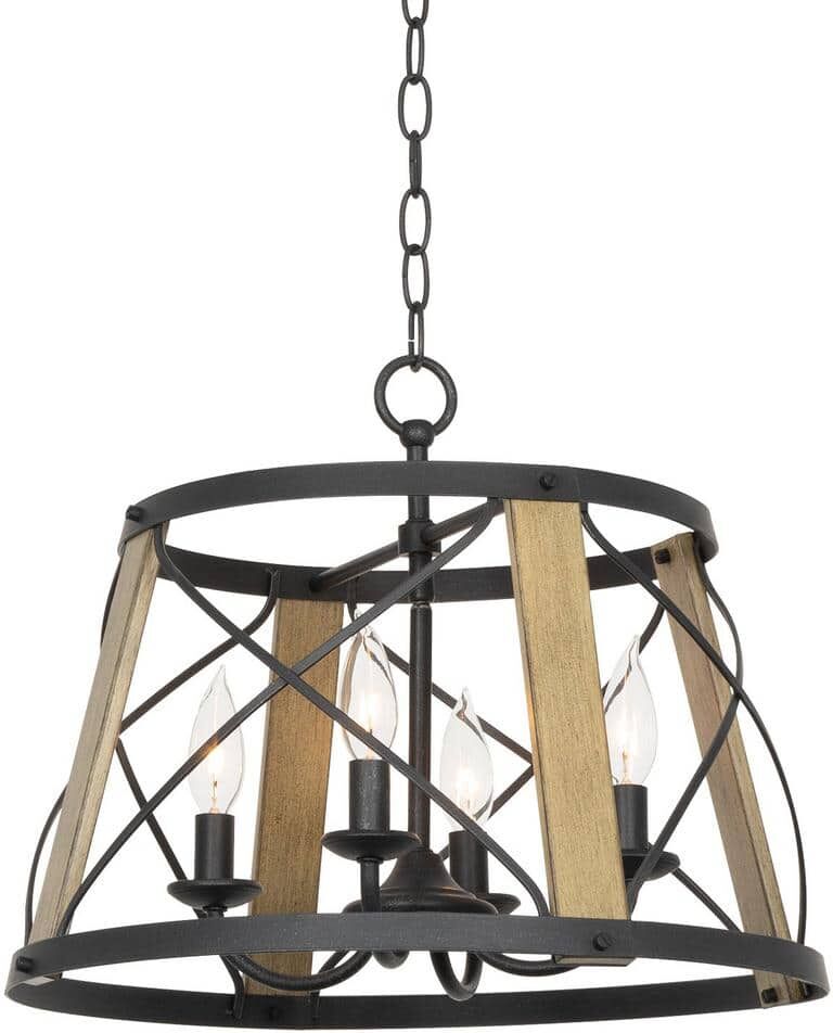 Kira Home Napa 18 in. 4-Light Textured Black with Smoked Birch Wood Style Industrial Farmhouse Round Chandelier