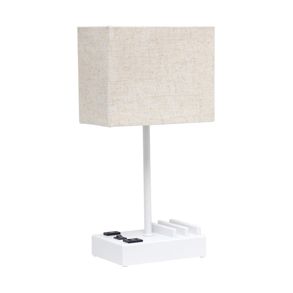 Simple Designs 15.3 in. White with Beige Shade Multi-Use 1-Light Bedside Table Desk Lamp with 2 USB Ports and Charging Outlet