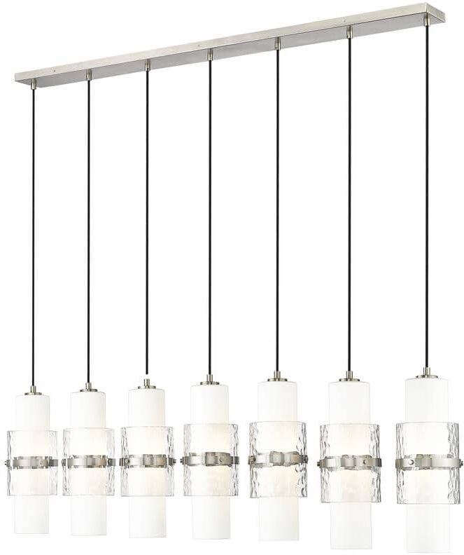 Cayden 54 in. 7-Light Brushed Nickel Linear Chandelier with Clear Plus Etched Opal Glass Shades