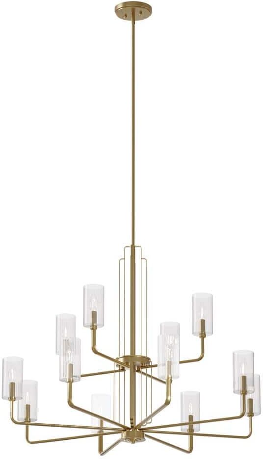 KICHLER Kimrose 40.5 in. 12-Light Brushed Natural Brass Art Deco Candlestick Cylinder Chandelier for Dining Room