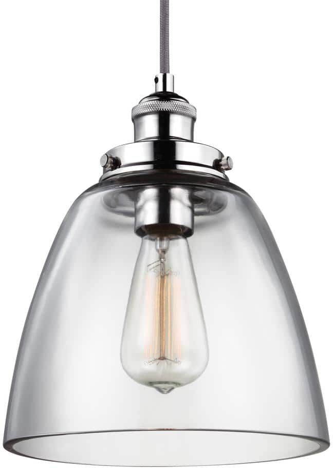 Generation Lighting Baskin 9 in. W 1-Light Polished Nickel Contemporary Clear Glass Dome Pendant with Adjustable Gray Cloth Fabric Cord