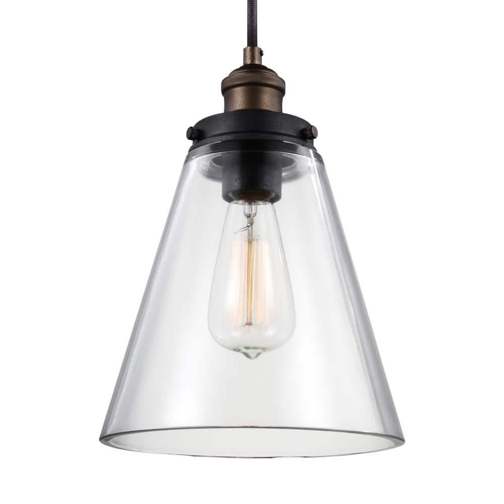 Generation Lighting Baskin 8.5 in. W 1-Light Painted Aged Brass/Dark Weathered Zinc Rustic Clear Glass Cone Pendant with Adjustable Cord