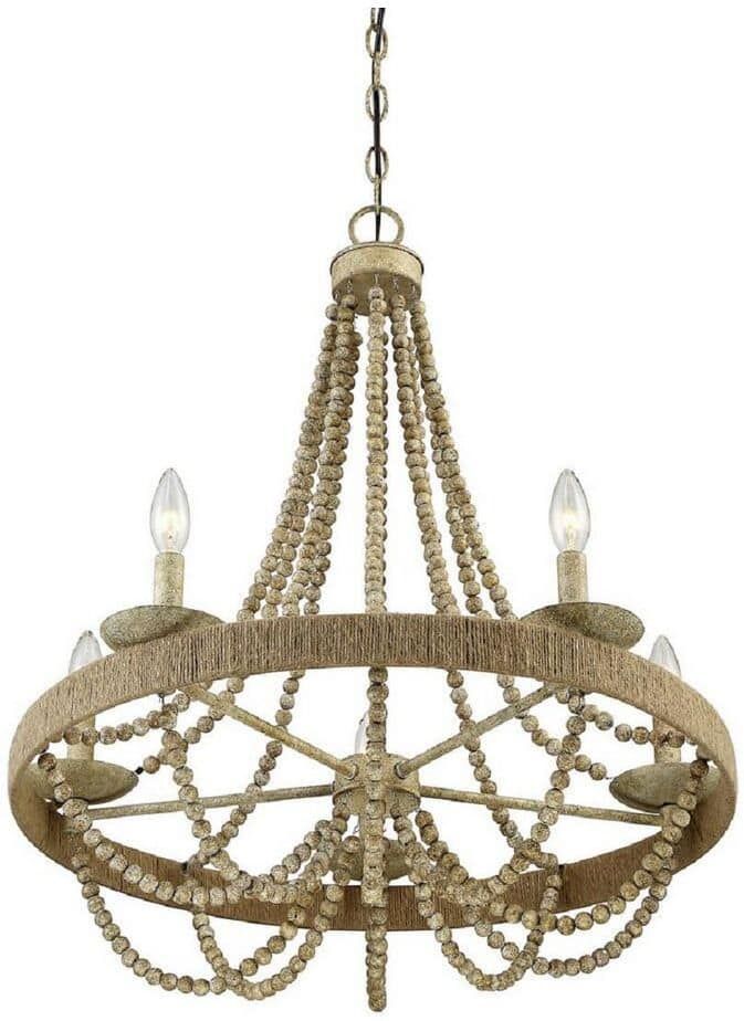 Savoy House 26 in. W x 28 in. H 5-Light Natural Wood Chandelier with Rope and Textured Bead Detailing