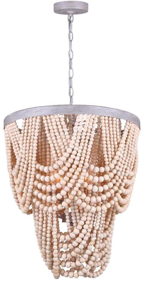 CANARM Leora 5-Light Brushed Grey Chandelier with Natural Real Wood Beads