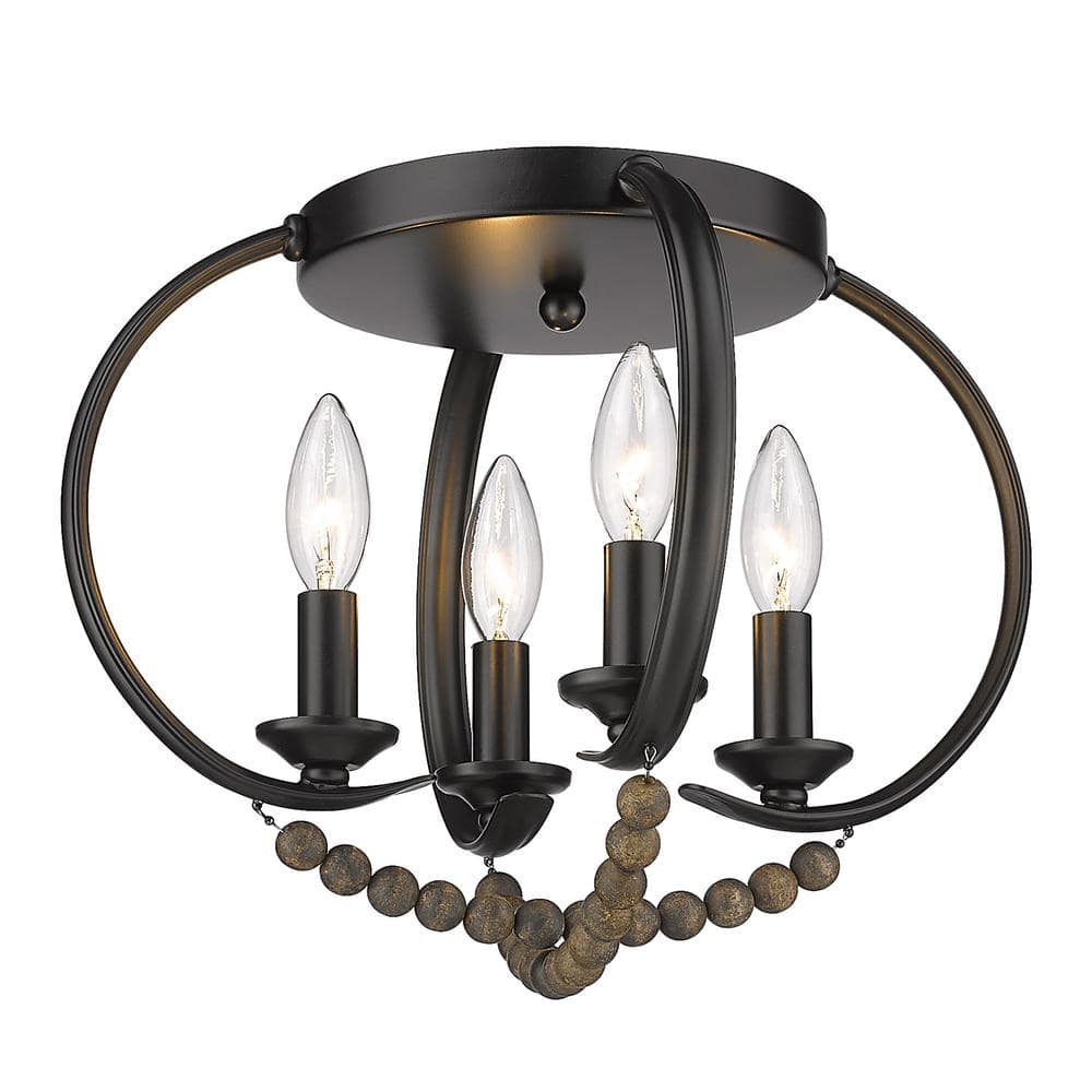 Golden Lighting Flori 4-Light Matte Black Espresso Wood Beads Flush Mount Light