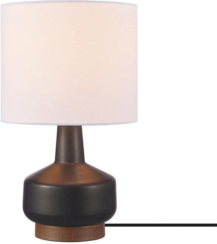 Globe Electric 15 in. Ceramic Table Lamp, Matte Black, Wood Toned Base, White Linen Shade, On/Off Rotary Switch on Socket, Living Room