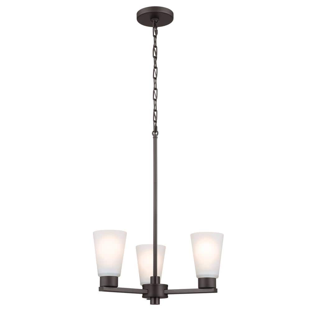KICHLER Stamos 18 in. 3-Light Olde Bronze Modern Shaded Circle Dining Room Chandelier with Satin Etched Glass Shades