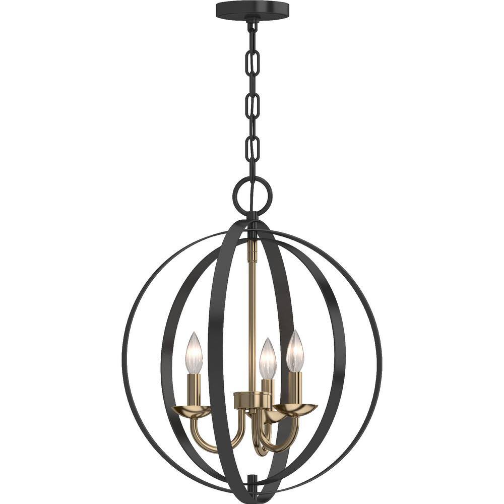 Volume Lighting Harvest 3-Light Black Sphere Shaped Hanging Chandelier with Antique Gold Candelabra Base