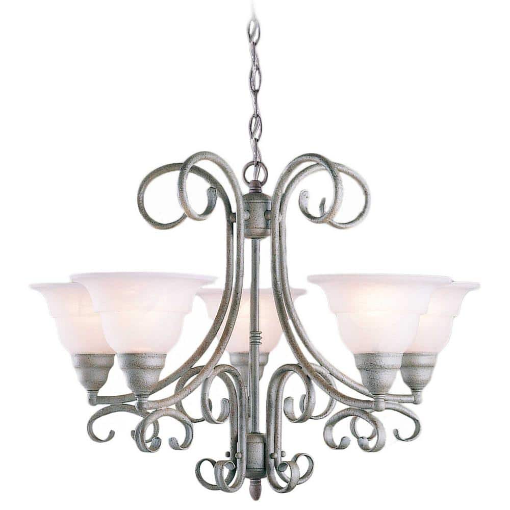 Volume Lighting Toledo Collection 5-Light Antique Silver Pendant Chandelier with Alabaster Glass Bell Shades