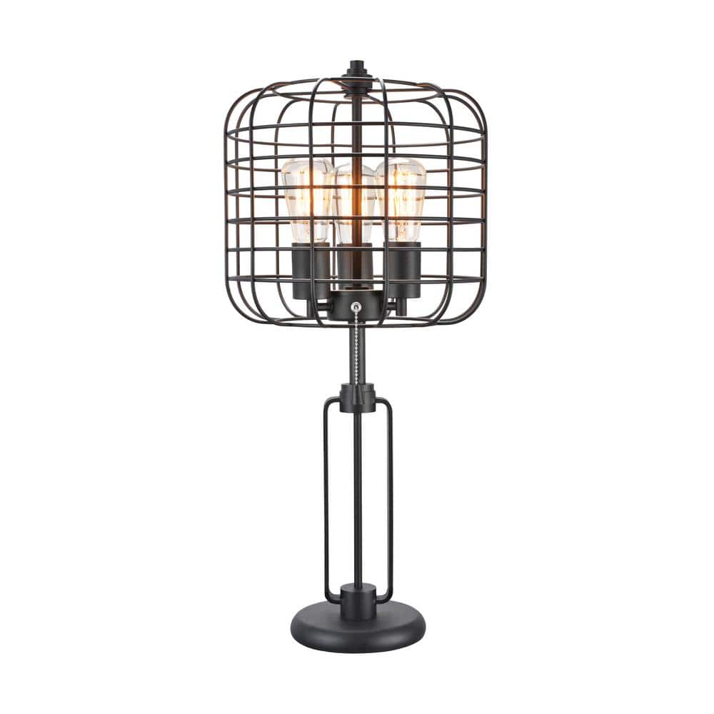 Sunpez 26 in. Black Industrial Wire Cage Table Lamp for Living Room with Black Metal Shade