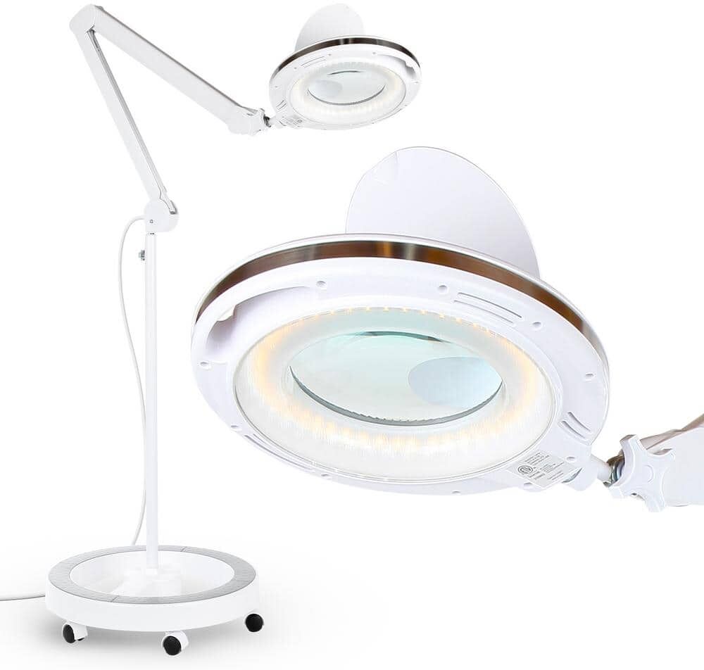 Brightech Lightview Pro 55 in. White Industrial 1-Light 3-Way Dimming 1.75X Magnifying LED Swing Arm Rolling Floor Lamp