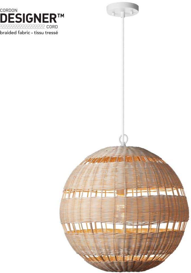 Globe Electric 1-Light White Pendant with Natural Woven Twine Shade and Designer White Cloth Cord, Vintage Incandescent Bulb Included