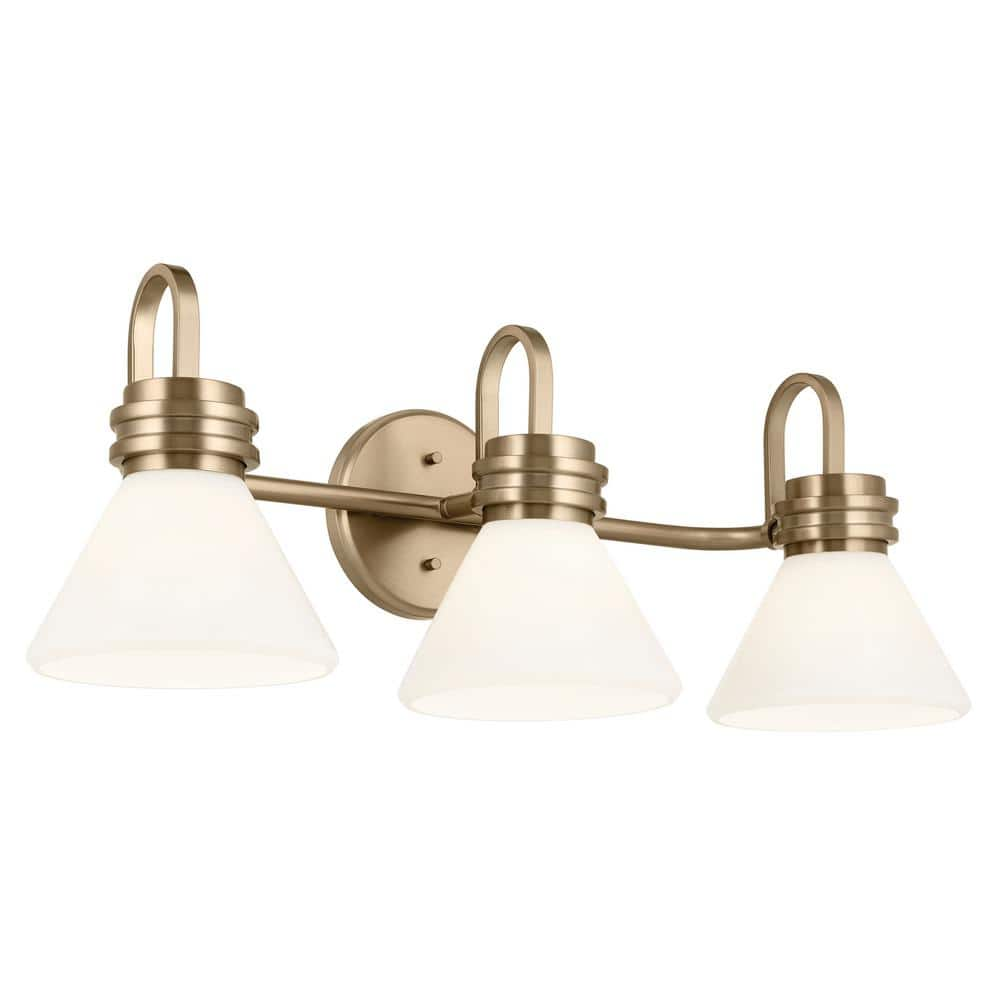 KICHLER Farum 26 in. 3-Light Champagne Bronze Modern Bathroom Vanity Light with Opal Glass Shades