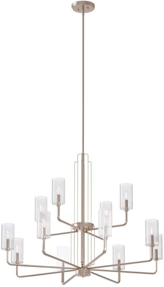 KICHLER Kimrose 40.5 in. 12-Light Polished Nickel with Satin Nickel Art Deco Candlestick Cylinder Chandelier for Dining Room