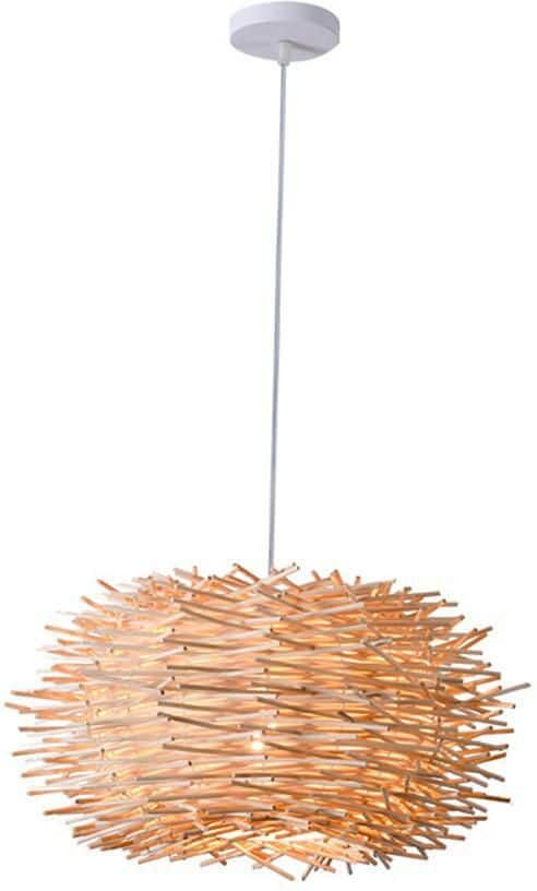 OUKANING 15.74 in. 1-Light Beige Modern Creative Bird Nest Rattan Cage Pendant Light with Bamboo Shade