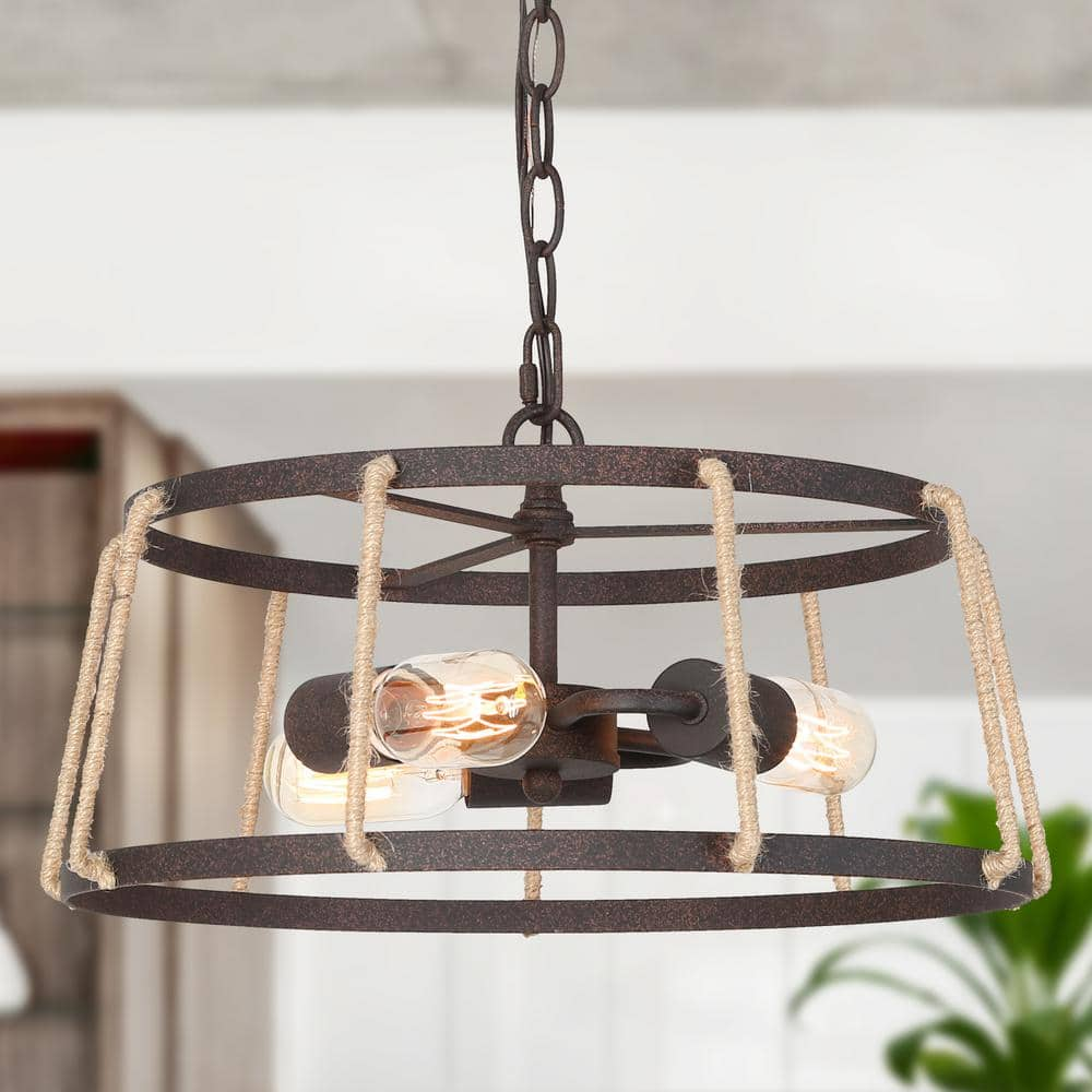 LNC Bronze Farmhouse Drum 3-Light Chandelier Vintage Cage Island Pendant Chandelier with Hemp Cord