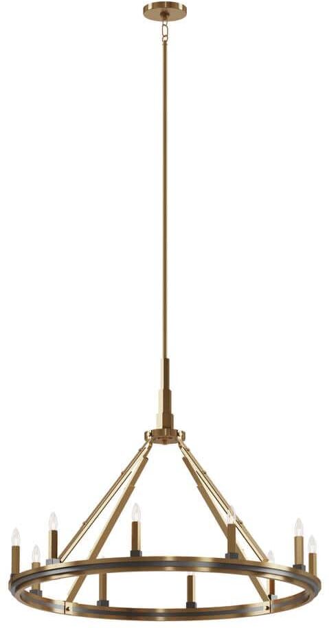 KICHLER Emmala 34 in. 10-Light Brushed Natural Brass with Black Art Deco Wagon Wheel Circle Chandelier for Dining Room