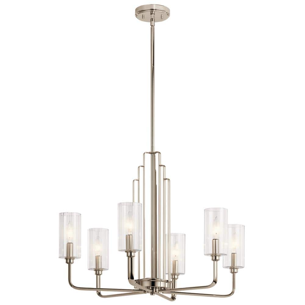 KICHLER Kimrose 27 in. 6-Lights Polished Nickel and Satin Nickel Art Deco Candlestick Cylinder Chandelier for Dining Room