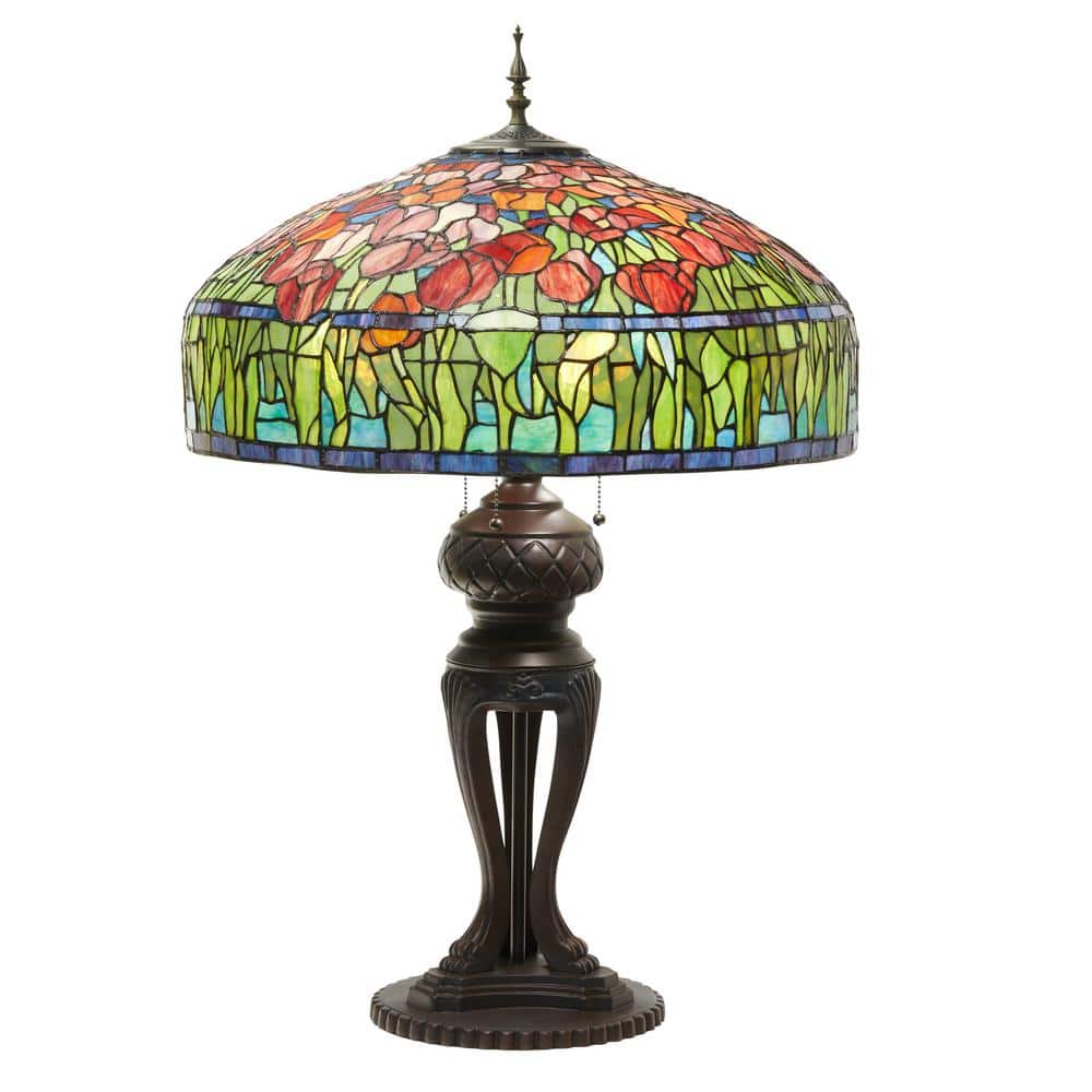 River of Goods Esme 33.25 in. Antique Bronze and Multi-Color Tiffany-Style Tulip Stained Glass Table Lamp