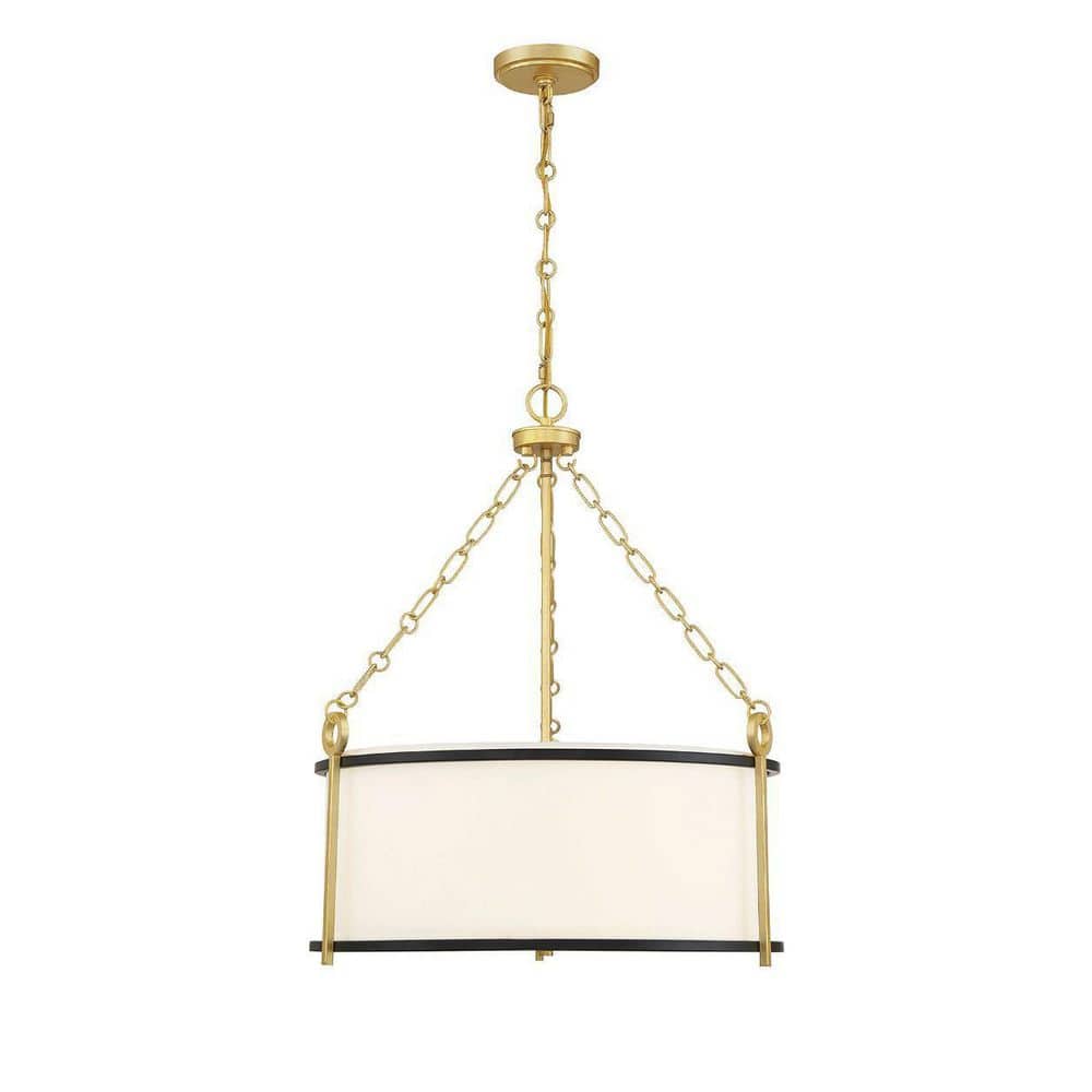 Savoy House Kian 22 in. W x 26 in. H 3-Light Matte Black/True Gold Standard Pendant Light with White Fabric Drum Shade