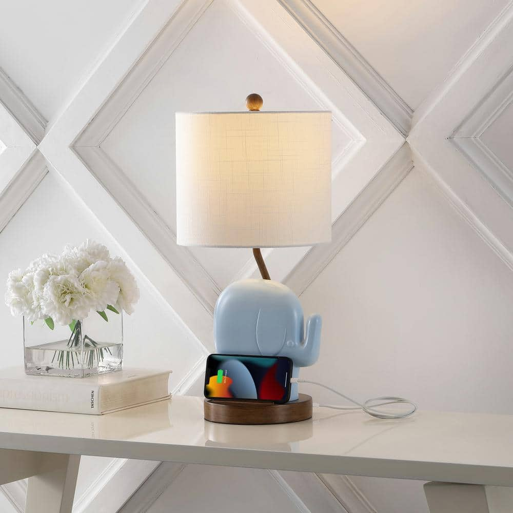 JONATHAN Y Ellie 20.25 in. Bohemian Designer Iron/Resin Elephant LED Kids Table Lamp with Phone Stand and USB Charging Port, Blue