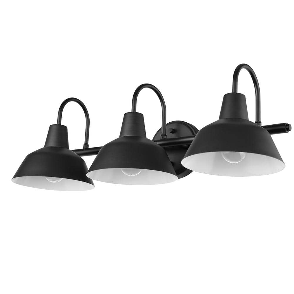 Globe Electric Barnyard 24 in. 3-Light Matte Black Vanity Light with White Interior Shades