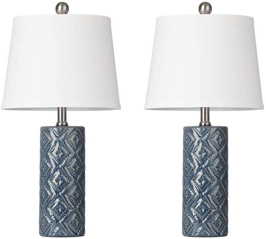 Cinkeda 22 in. Blue Ceramic Table Lamp Set with White Empire Lampshade and Rotary Switch (Set of 2)