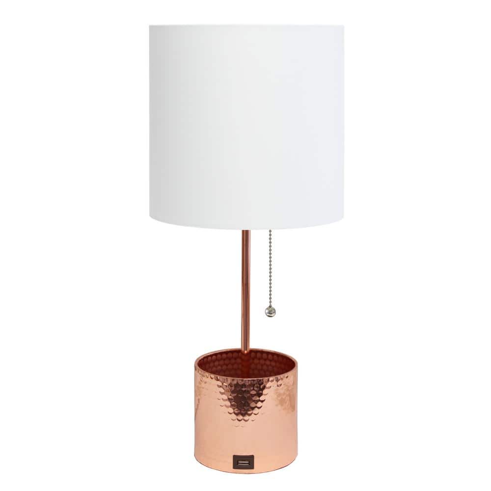 Simple Designs 18.5 in. Rose Gold Hammered Metal Organizer Table Lamp with USB Charging Port and Fabric Shade
