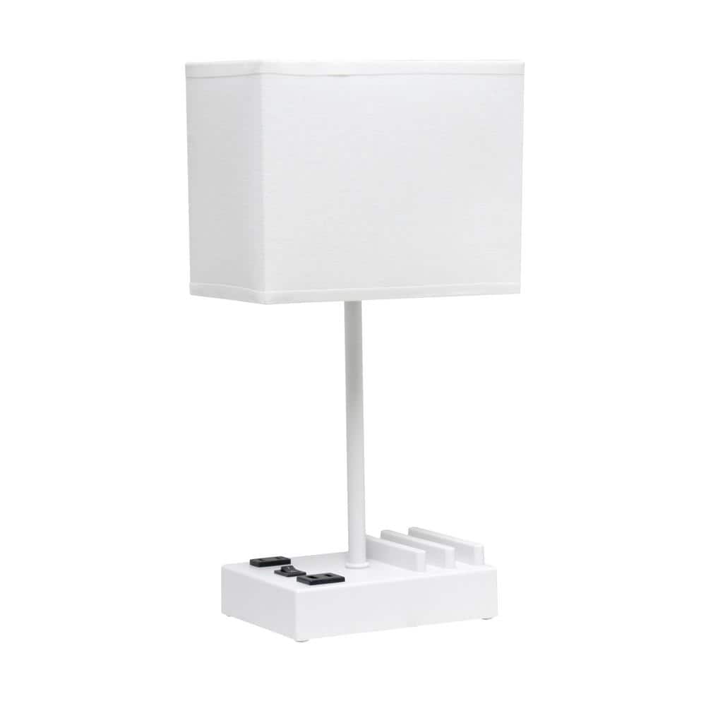 Simple Designs 15 .3 in. White with White Shade Multi-Use 1 Light Bedside Table Desk Lamp with 2 USB Ports and Charging Outlet