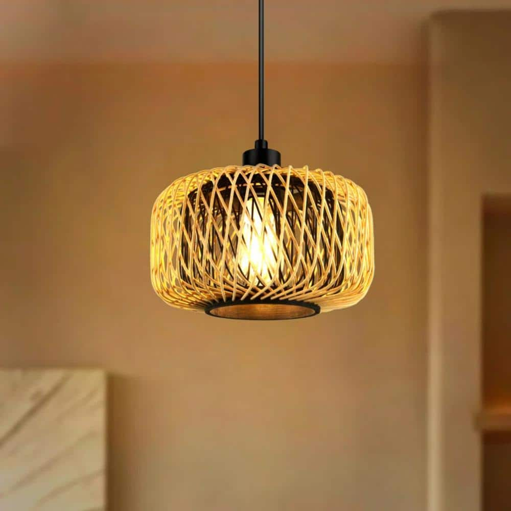 TOZING 1-Light Black Industrial Vintage Natural Boho Bamboo Rattan Shade Caged Farmhouse Pendant Light for Kitchen Island