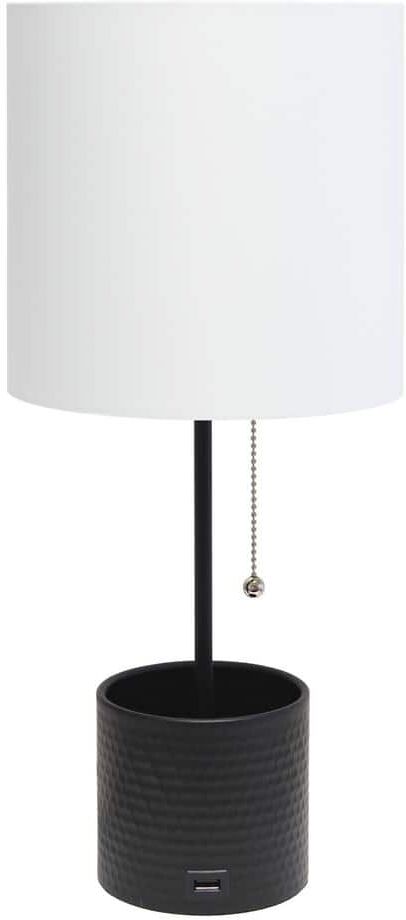 Simple Designs 18.5 in. Black Hammered Metal Organizer Table Lamp with USB Charging Port and Fabric Shade