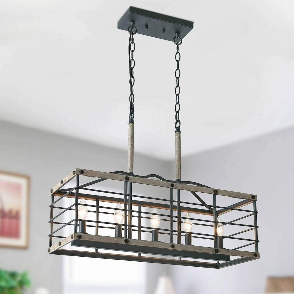 LNC Industrial 26 in. 5-Light Dark Gray Island Chandelier with Faux Wood Accents