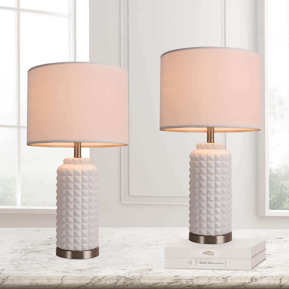 Simpol Home 25 in. White Indoor Ceramic Table Lamp (Set of 2) with Linen Shade for Bedroom Living Room Vintage Bedside