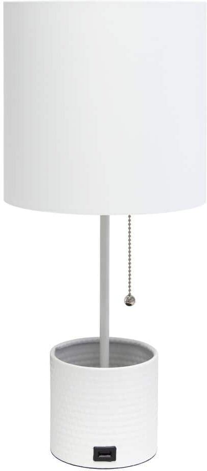 Simple Designs 18.5 in. White Hammered Metal Organizer Table Lamp with USB Charging Port and Fabric Shade