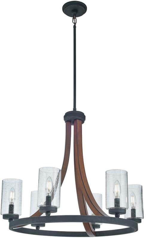 KICHLER Grand Bank 25 in. 6-Light Auburn Stained Wood and Black Farmhouse Shaded Round Chandelier for Dining Room