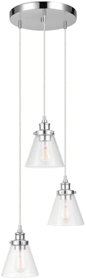 Globe Electric Jackson 3-Light Chrome Pendant with Clear Glass Shades, Vintage Incandescent Bulbs Included