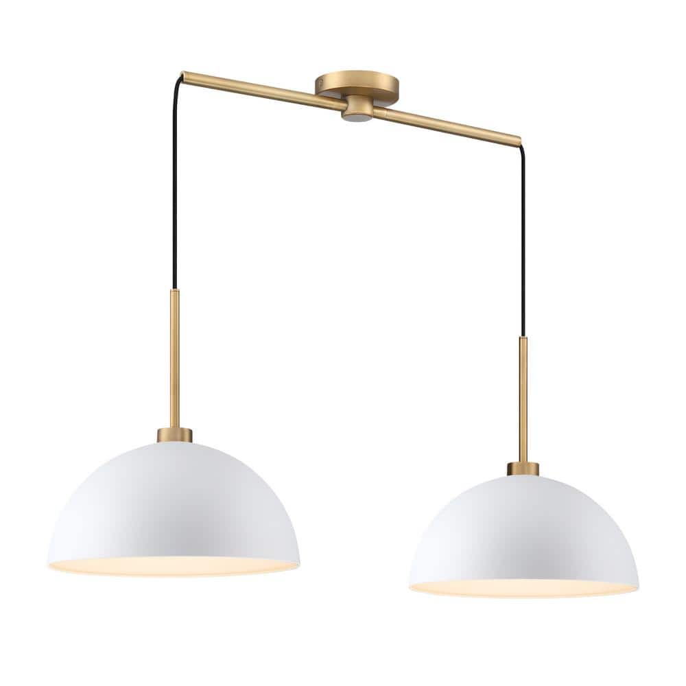 Nathan James Percy Modern 2-Light Pendant Light Fixture with White Metal Shade and Vintage Brass Accent Adjustable Cord, Set of 2