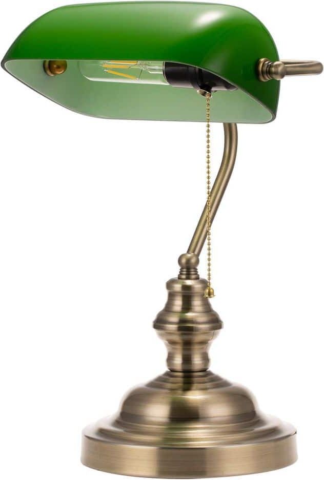 YANSUN 1-Light Traditional Bankers Desk Lamps with Classic Green Shade and Polished Brass Finish with Pull Chain Switch