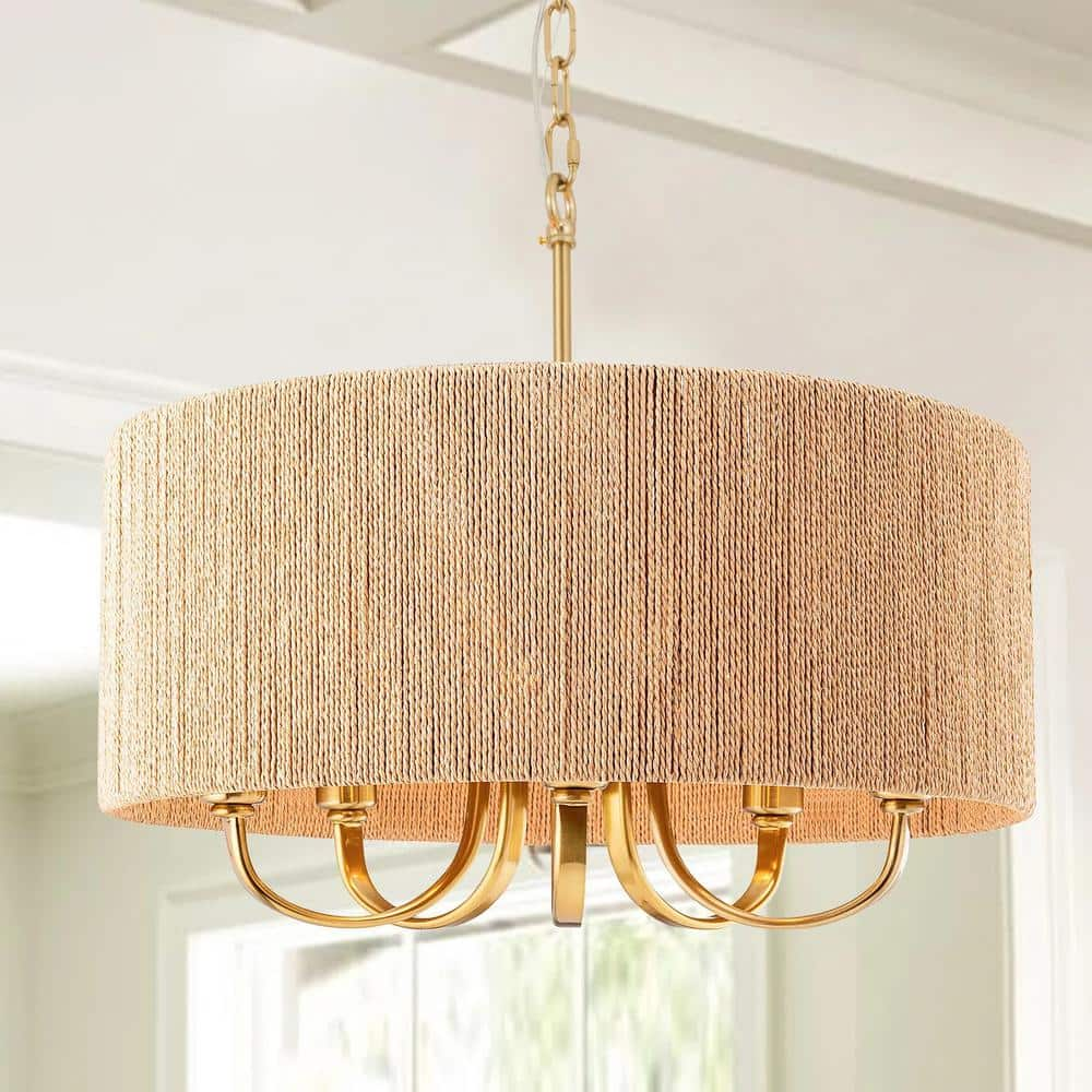 Maxax Collision 5-Light Gold Schoolhouse Chandelier with Wooden Paper Rope Shades