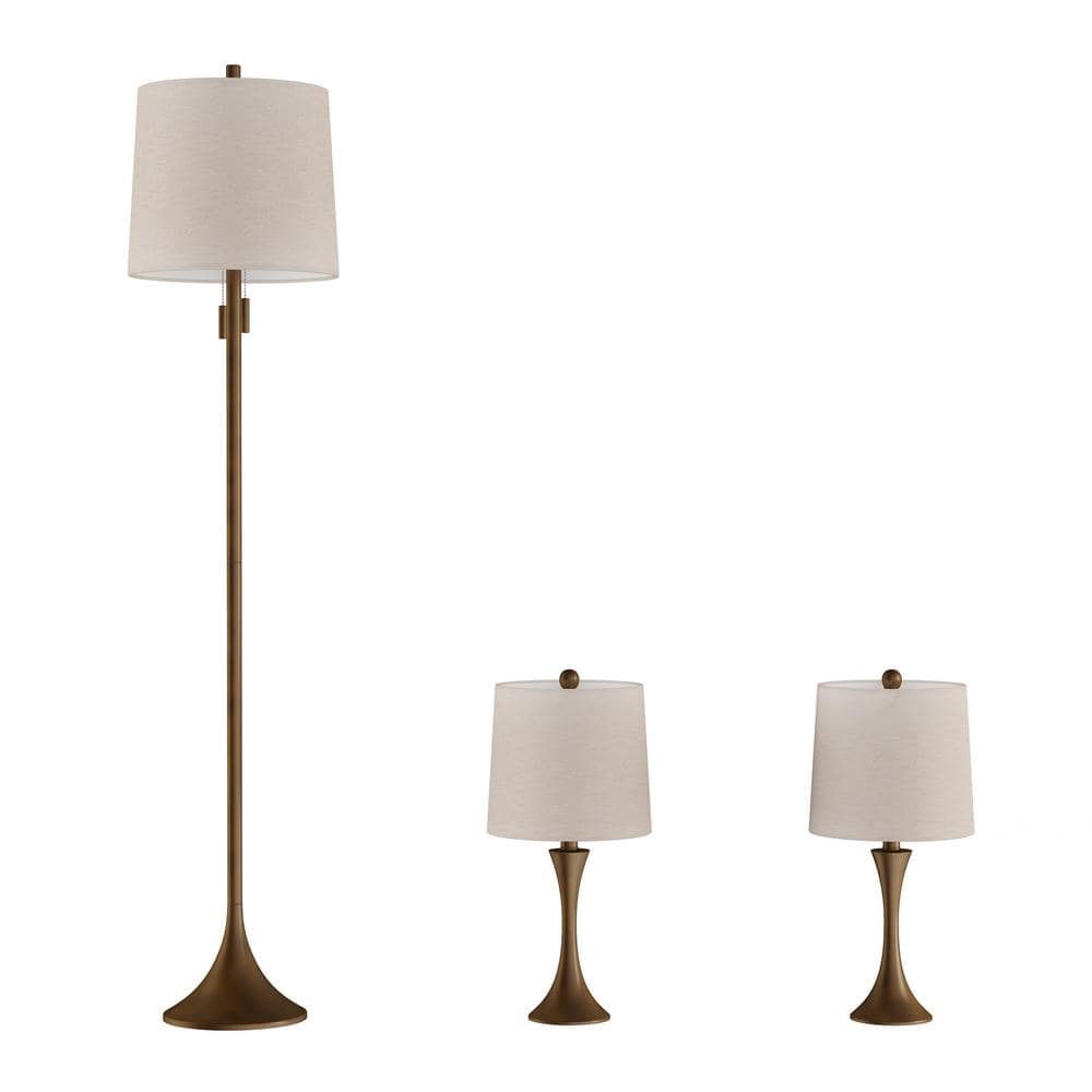 Lavish Home 24.5 in. Mid-Century Modern Metal Flared Trumpet Base LED Table Lamps and 63.5 in. Bronze Floor Lamp (Set of 3)
