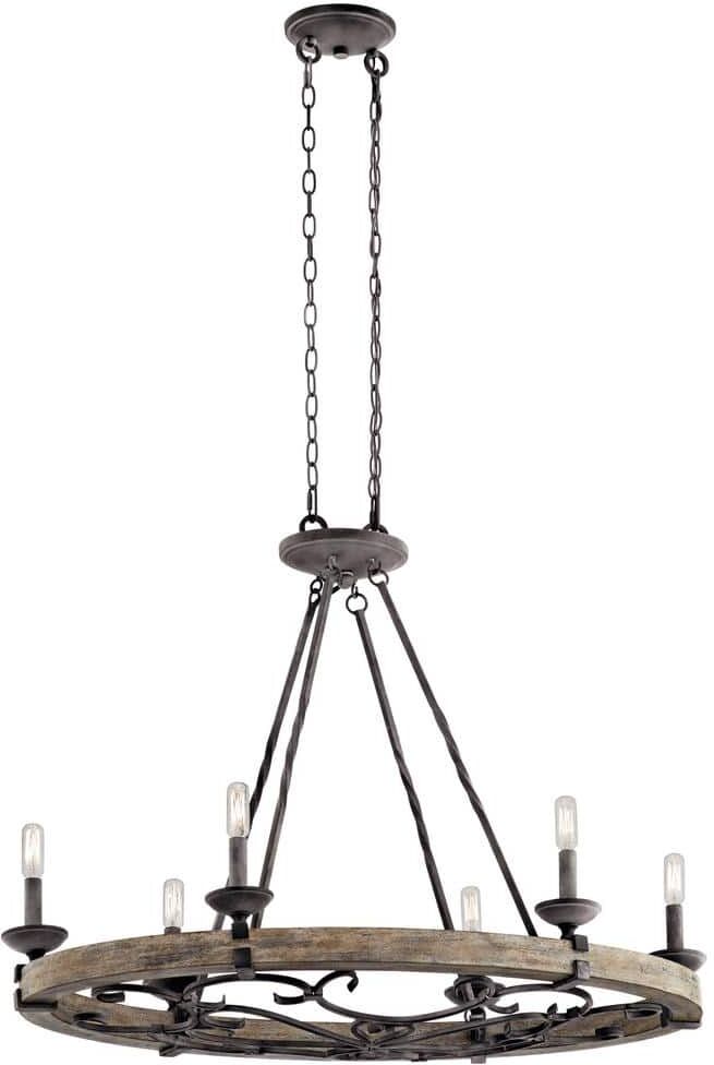 KICHLER Taulbee 18 in. 6-Light Weathered Zinc Farmhouse Wagon Wheel Oval Chandelier for Dining Room