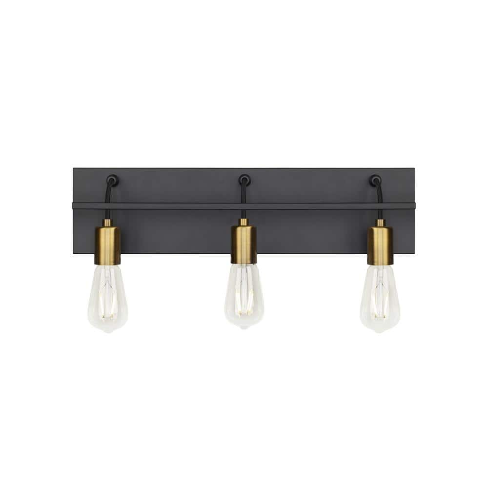 Generation Lighting Tae 24 in. W 3-Light Black Industrial Metal Bathroom Vanity Light with Aged Brass Socket Cups and Black Cords