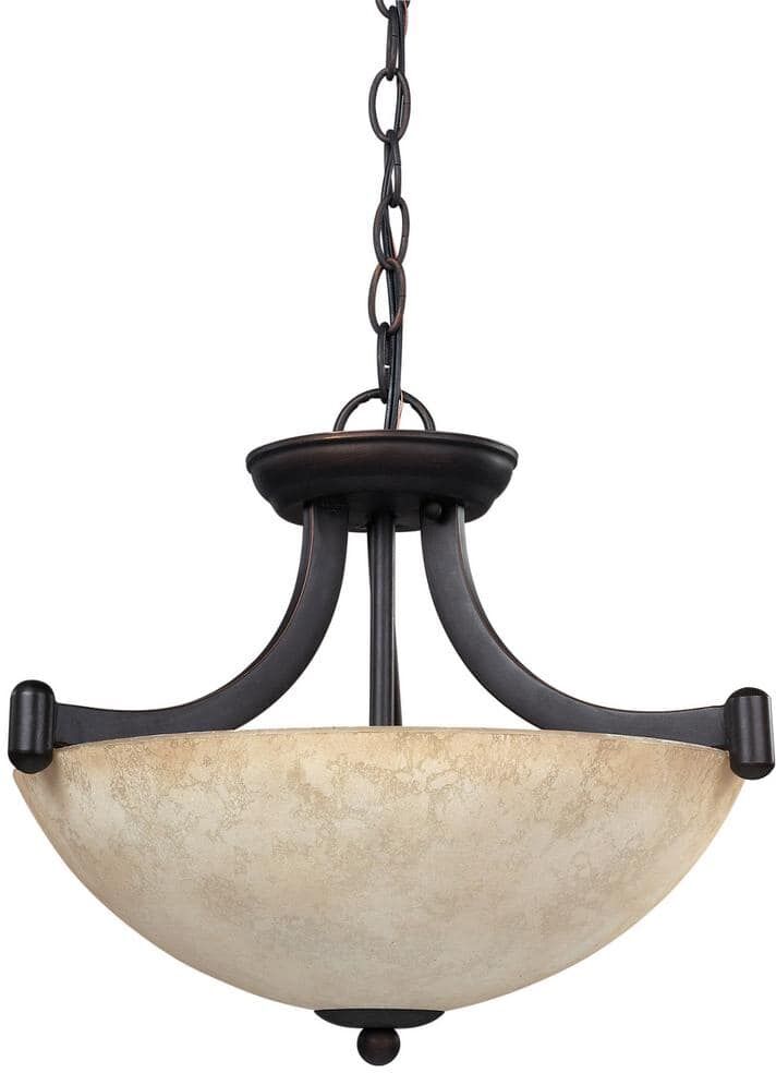 CANARM Warren 3-Light Rubbed Antique Bronze Chandelier with Tea Stained Glass Shade