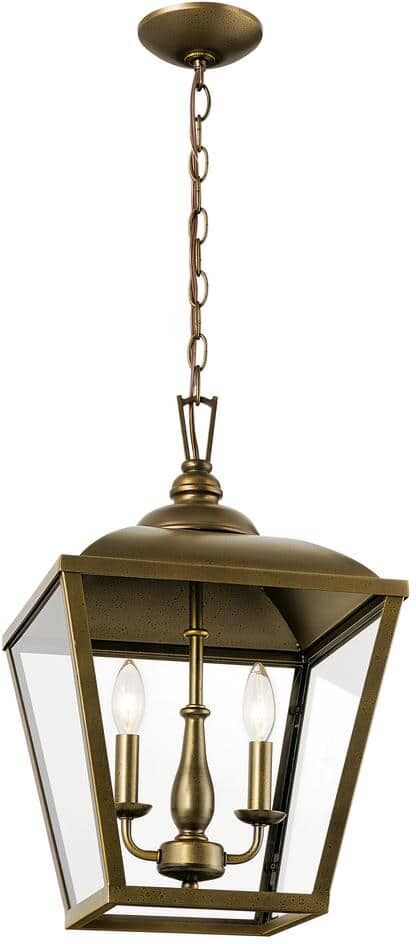 KICHLER Dame 2-Light Character Bronze Vintage Lantern Foyer Pendant Hanging Light with Clear Glass