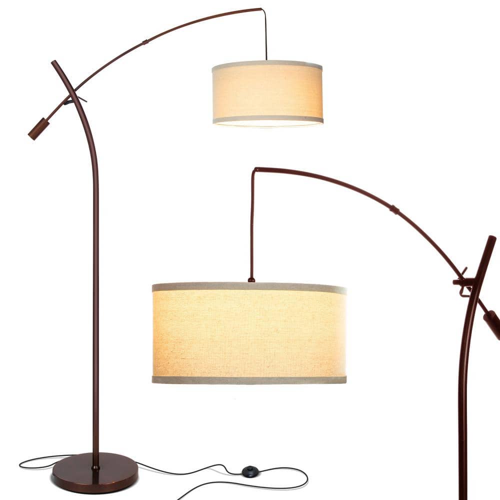 Brightech Grayson 84 in. Oil Brushed Bronze Modern 1-Light Height Adjustable LED Floor Lamp with Beige Fabric Drum Shade