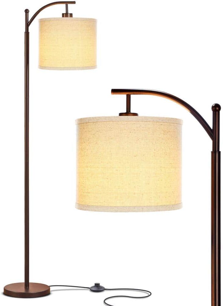 Brightech Montage 62 in. Oil Brushed Bronze Modern 1-Light LED Energy Efficient Floor Lamp with Beige Fabric Drum Shade