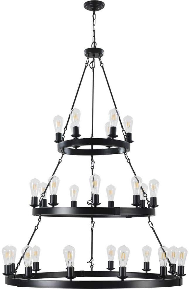 Runesay 43.4 in. 27-Light Matte Black Retro Luxurious Nordic Cylinder Light Chandelier for Bedroom Dining Room with 3-Tire