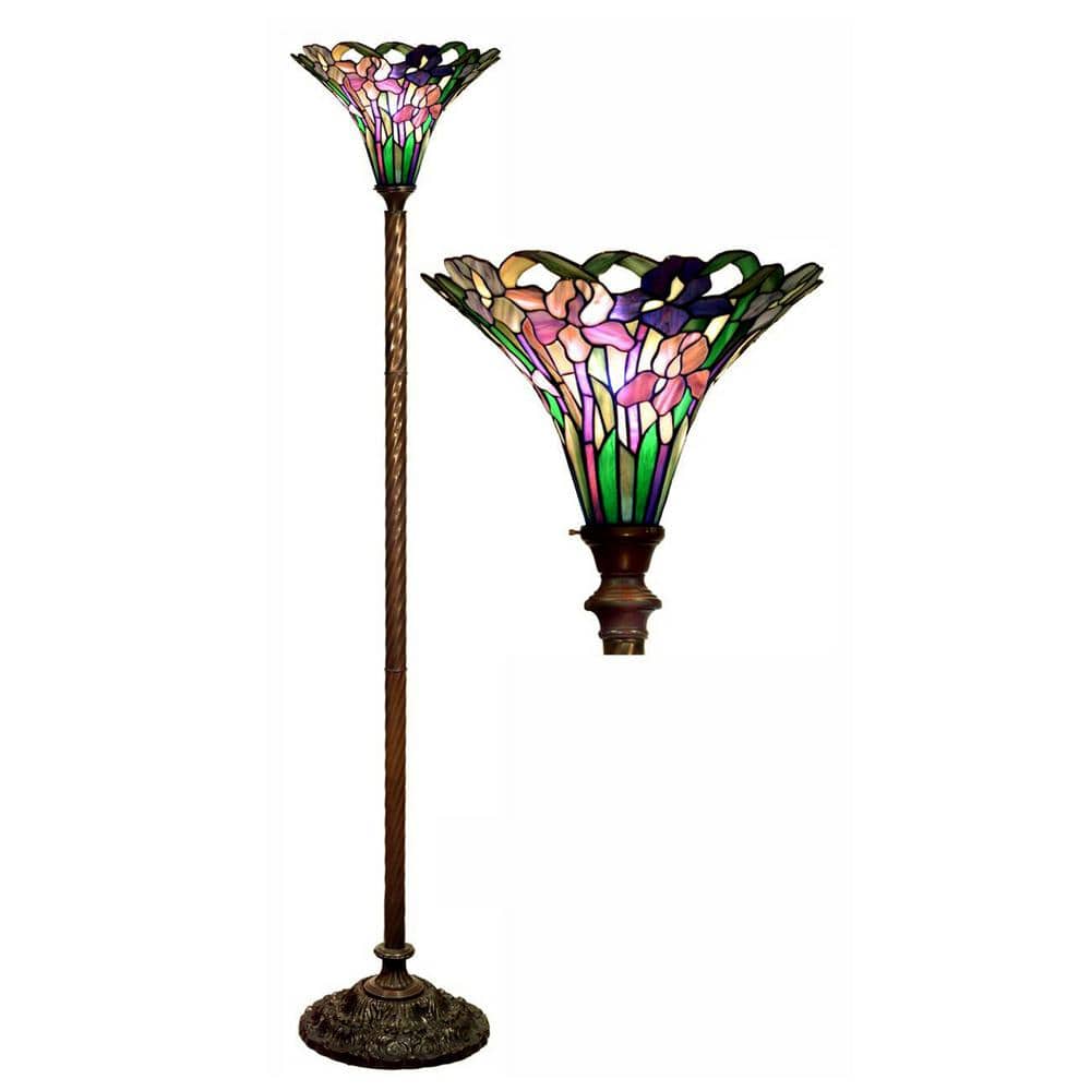 Warehouse of Tiffany 72 in. Antique Bronze Iris Stained Glass Floor Lamp with Foot Switch